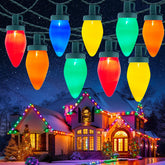 Moonflor C9 outdoor lights illuminate rooflines with nostalgic multicolor glow for festive nights.