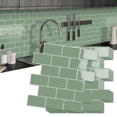 MOONFUN green subway tiles peel and stick close-up showing textured finish for easy backsplash.