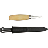 Morakniv Wood Carving Knife 120 blade close-up showing laminated steel for sharp, durable carving.