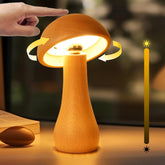 Moroommt mushroom lamp with beech wood base for warm bedside lighting.
