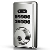 MOUSETRO keyless-entry front door with satin nickel finish for durable security.
