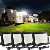 MUCLUD four-pack LED flood light outdoor front view showing wide coverage