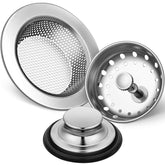 Mudder sink strainer basket assembly prevents clogs in standard kitchen drains.