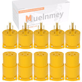 Muelnmey extension ends with NEMA 5-15P/5-15R in a yellow shell for RV use.