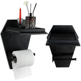 MUOUAKATE coffin toilet paper holder with shelf in black wood keeps essentials neatly within reach.