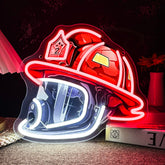Mutank firefighting helmet neon sign in 12.9 by 11.8 inches, warm glow for wall decor.