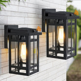 MYHXQ dusk-to-dawn wall light front view with tempered glass shade for porch.