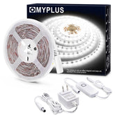 MYPLUS LED strip lights illuminate vanity mirror with bright daylight for makeup tasks.