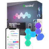 Nanoleaf Shapes Hexagons 7-pack wall panel lit with vibrant RGBW color for ambient decor.