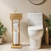 NaturaWood bamboo toilet paper holder stand with storage shelf keeps bathroom essentials organized.