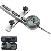 Neoteck digital dial indicator mounted for precise table saw alignment and squareness checks.