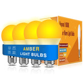 Neporal Amber Sleep Light Bulbs 4-pack packaging shows warm amber glow with blue-blocking efficiency