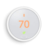Nest Thermostat E front view in frosted white blending with walls.