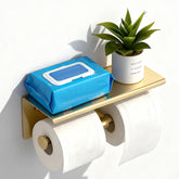 NEWRAIN dual-roll toilet paper holder with shelf keeps extra rolls handy.