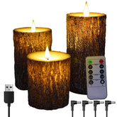NICEME pine bark candle closeup reveals natural texture and long-lasting flameless glow.