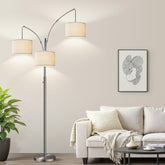 Nintiue dimmable arc floor lamp with three lights in brushed nickel for versatile living room lighting.
