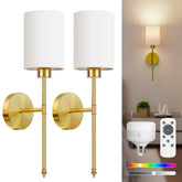 NIORSUN battery wall sconce with gold bracket and white shade provides warm ambient lighting.