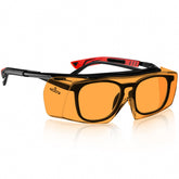 NoCry blue light blocking safety glasses worn over prescription glasses for safe, clear vision