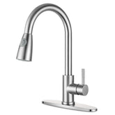 NOHALIPY brushed nickel pull-out faucet showing durable stainless finish for busy kitchens