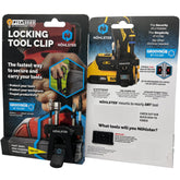 Nöhlster locking drill clip on belt enables secure, hands-free tool carry.