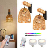 NOVCAND battery wall sconce set of two with boho rattan shade for cozy bedroom ambiance.