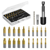 Nuovoware damaged screw extractor set front view, organized 22-piece kit for quick repairs.