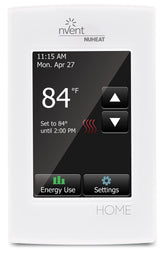 NuHeat Home thermostat touchscreen front panel enables intuitive control and quick setup.