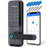 Nyboer fingerprint lock with handle on a front door for quick, secure entry.