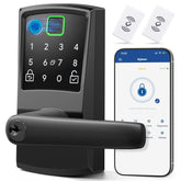 Nyboer keypad smart door lock with handle front view, secure entry in matte black