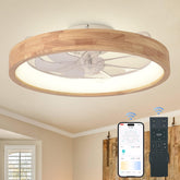 Oaks Aura 20-inch ceiling fan with light in a sleek modern bedroom setting.