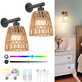 OIYIO boho wall sconce with rattan shade showcases warm ambient light in any room.