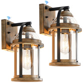 OKELI dusk-to-dawn outdoor wall light with wood grain finish illuminates entryways safely