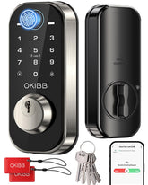 OKIBB Fingerprint Lock on front door showing Wi‑Fi connectivity for quick entry