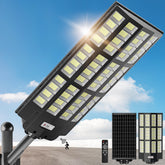 OKPRO 10000W solar street light front view showing bright LEDs for large area lighting