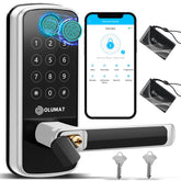 OLUMAT Smart Lock handle close-up highlighting sleek design for secure front-door entry