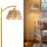 Oneach Arc floor lamp with wicker shade enhances living room texture.
