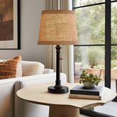 Oneach black table lamp base with fabric shade adds clean bedroom style.