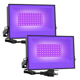 Onforu 38W blacklight flood light front view showing vibrant fluorescence