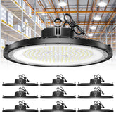 ONLYLUX UFO LED High Bay 250W front view, bright illumination for warehouses.