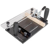 O'SKOOL Rail Coping Sled base holds stock firmly for end-grain routing.