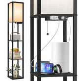 OUTON floor lamp with shelves and wood column in full view, ideal living room centerpiece