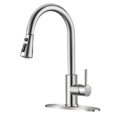 OWOFAN brushed nickel kitchen faucet with pull-down sprayer for versatile reach.