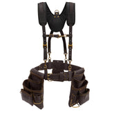 OX Pro leather framing rig with padded suspenders for all-day comfort on site.