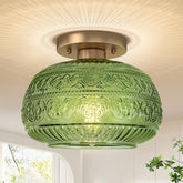 OYKYOHEI semi flush green glass with gold finish, front view; enhances vintage-style spaces with warm ambience.