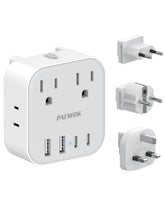 PAEWOK 8-in-1 travel adapter front view with USB ports for multiple devices.