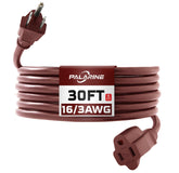 PALARINE brown outdoor extension cord 30ft powering outdoor lights and garden tools.