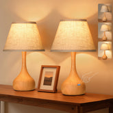 PARTPHONER 17-inch touch table lamp base with wood grain teardrop and linen shade for bedrooms.