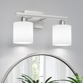 PARTPHONER two-light bathroom vanity fixture above a mirror for even illumination.