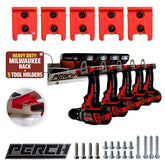 PERCH Milwaukee M18 tool rack side view shows organized five-tool storage on the wall.