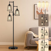 PESRAE dimmable industrial floor lamp with teardrop cage heads for versatile, cozy lighting.